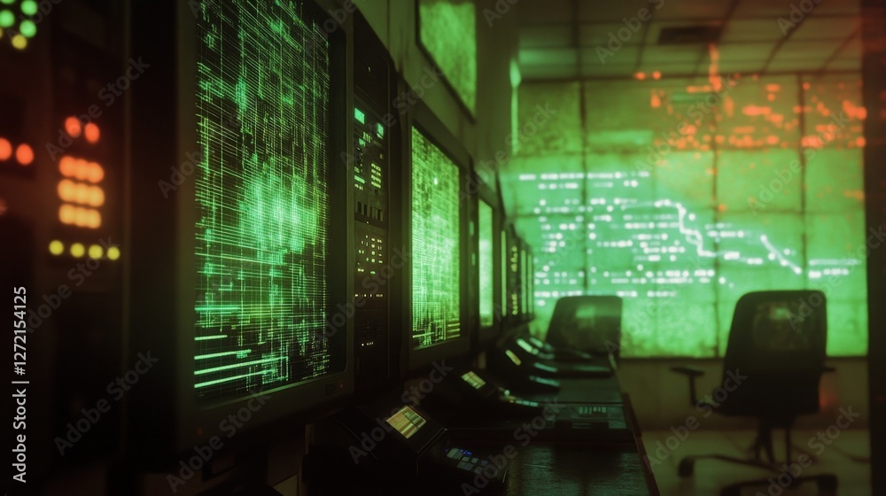 Aufkleber multiple computer screens showcasing complex network data and code in a cyber security center, empha