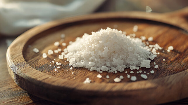 A pile of coarse sea salt crystals sits prominently on a rustic wooden plate, illuminated by soft light. - Powered by Adobe