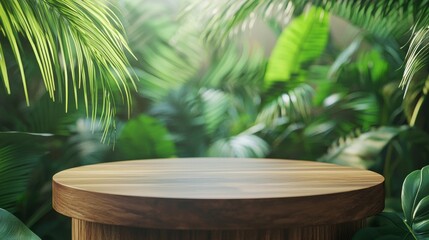 Nestled among vibrant foliage, a beautifully crafted wooden display podium invites visitors to appreciate natural artistry, perfect for showcasing unique creations in an enchanting environment