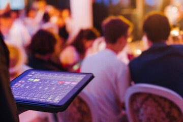 View of lighting technician with tablet, operator controlling sound and light during live event...