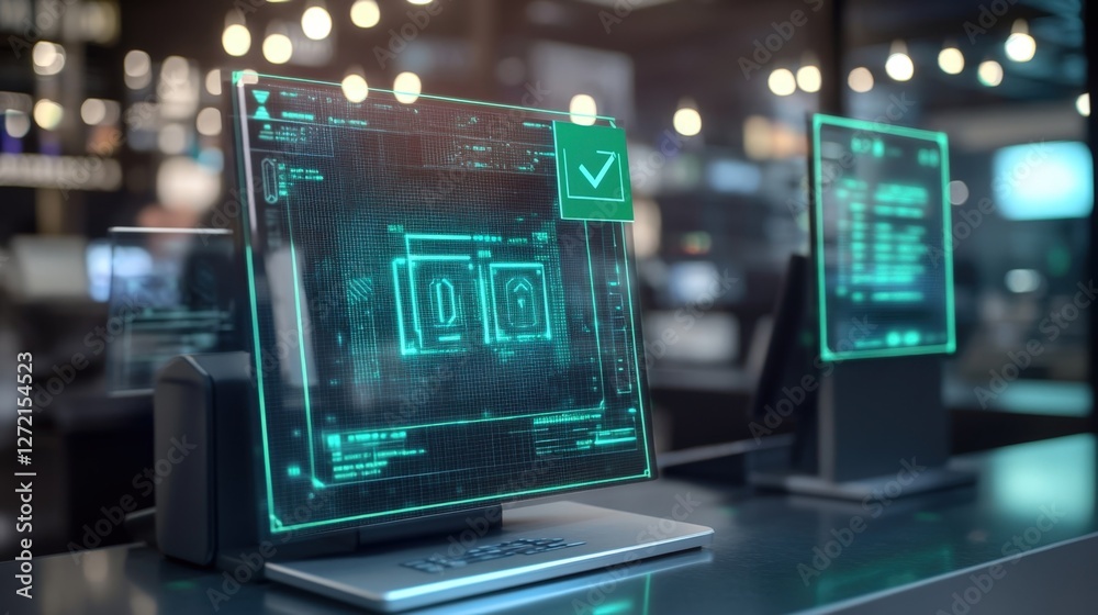 Poster futuristic computer monitor displaying cyber security check mark, indicating successful system prote