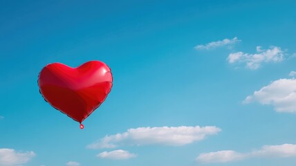 Red heart-shaped balloon floating against bright blue sky with clouds