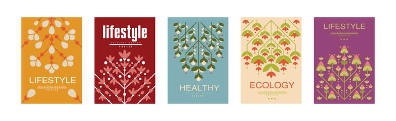 Healthy Ecology and Lifestyle Card Design Template with Flora Vector Set © topvectors