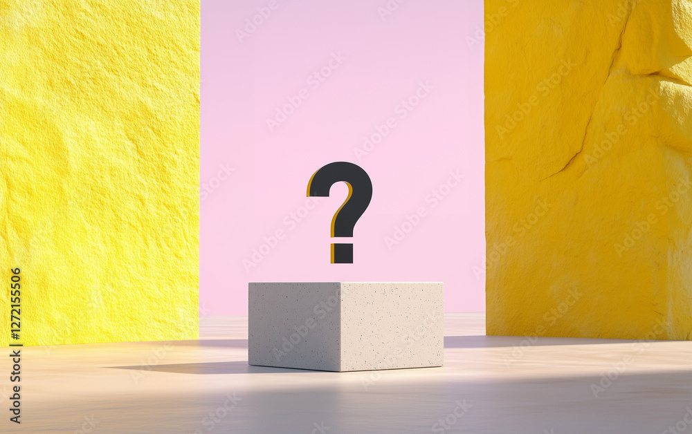 Poster question mark on cube with abstract background and graphic design. question mark stands on a platfor