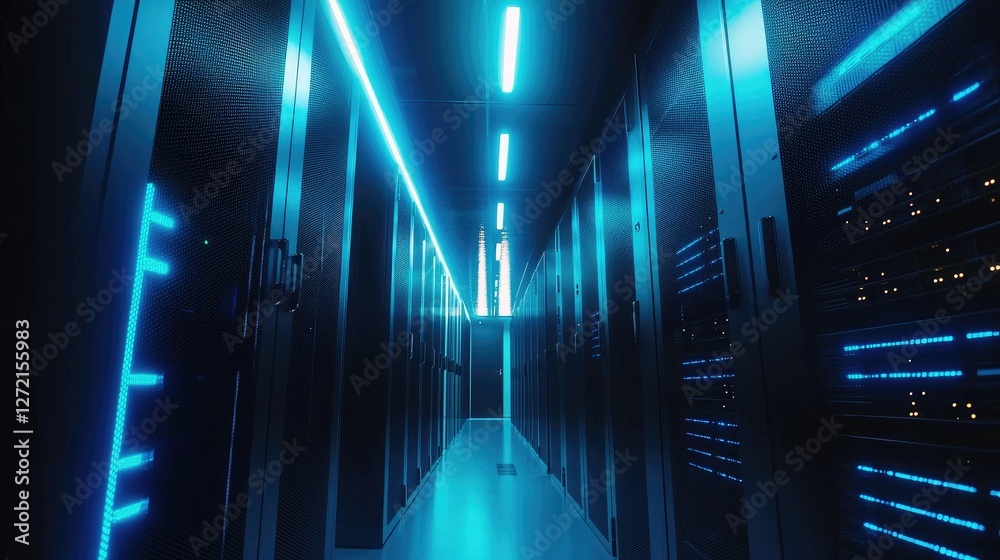 Poster high-tech server room with illuminated racks, representing cloud storage, ai, and cybersecurity. ide