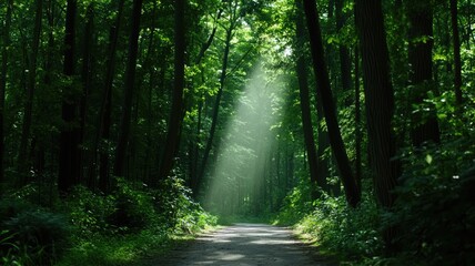 Obraz premium Sunlight streaming through dense forest trees along serene path