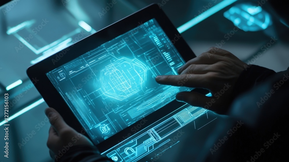 Poster cybersecurity expert using tablet with futuristic holographic interface analyzing data and informati
