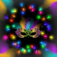 Carnival mask with feathers and colorful lights. Background for invitation card, decoration for greeting, poster and cover design