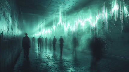Mysterious figures traverse a futuristic, smokefilled passageway illuminated by an ethereal, datawave visualization.