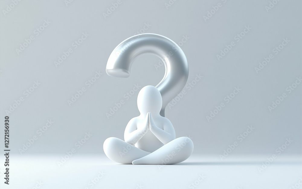 Fototapete Figure meditating with question mark in a thoughtful pose. White figure in meditation pose with a silver question mark behind it. Conceptual image about meditation and questions