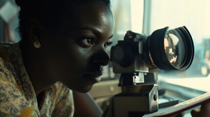 A detailed image showcasing the cinematographers concentration as they peer through the viewfinder while aligning a new lens notes and settings jotted on a clipboard visible nearby.