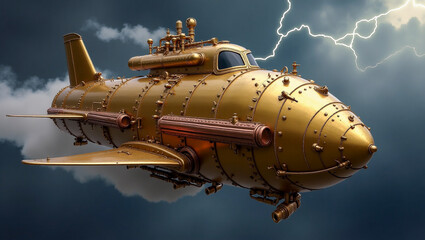 Obraz premium A clockwork submarine shaped like a giant fish, with rotating fins and glowing portholes