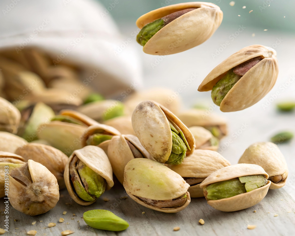 Poster a close-up shot of pistachio nuts, with a few pistachios in the foreground and a blurred background.