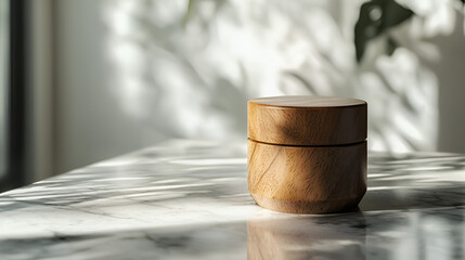Wooden box on marble surface with natural light and shadows. Neutral tones and minimalistic presentation.