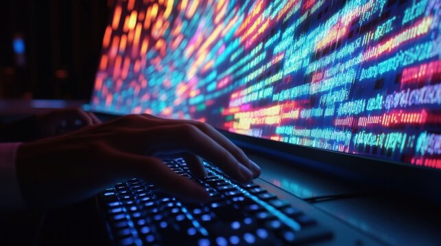 Close up of programmer hands typing on a backlit keyboard, developing software while colorful code runs on a computer monitor in a dark room, highlighting the process of programming and coding