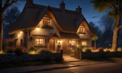Country cottage with a thatched roof and twinkling lights on a cold winter evening, holly wreath, frosty air