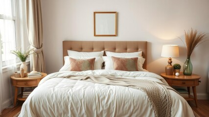 Cozy double bed with fluffy pillows in a modern bedroom, home, bedroom, peaceful