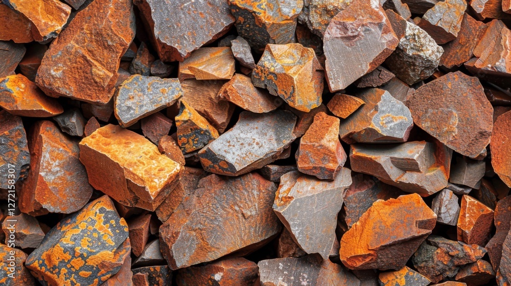 Fototapete close up view of a collection of jagged rocks featuring vivid orange and muted gray tones, creating 