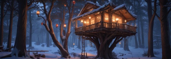 Cozy treehouse nestled in a snowy forest with twinkling lanterns on the roof, peaceful atmosphere, snowy forest, cozy treehouse