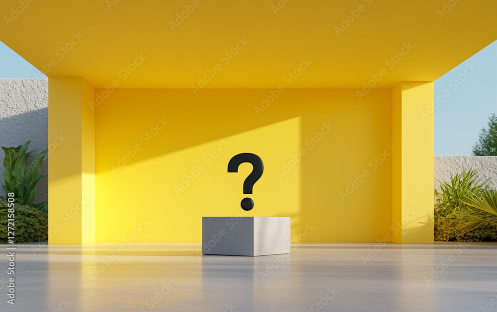 Poster cube with question mark in modern minimalist design. cube under question mark in yellow room with mi