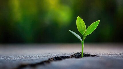 Naklejka premium Small green plant sprouting through crack in pavement, symbolizing growth and resilience