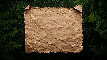 Crumpled Brown Paper on Dark Green Tropical Leaves Background