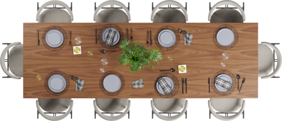 Top view of large wooden dining table with chairs	