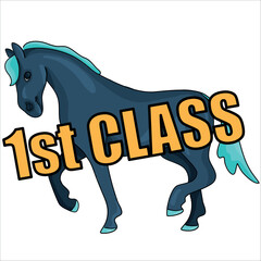 Cute vector colorful clipart icon, can be used also as an emoticon or sticker: cartooned horse character with text 1st CLASS
