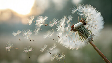 Dandelion puffball releasing seeds into the air against soft blurry background