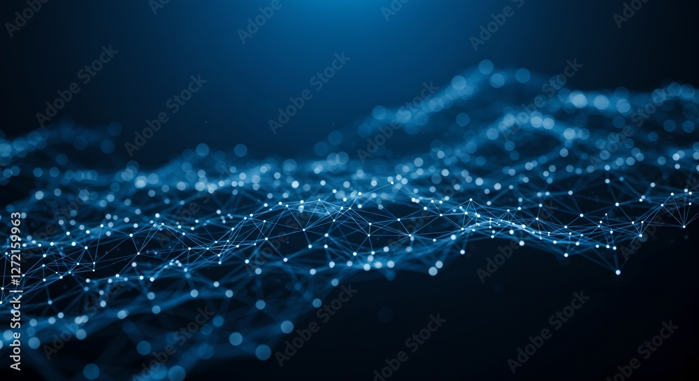 Poster digital network connections on dark blue background. abstract plexus wave visualization. big data, a