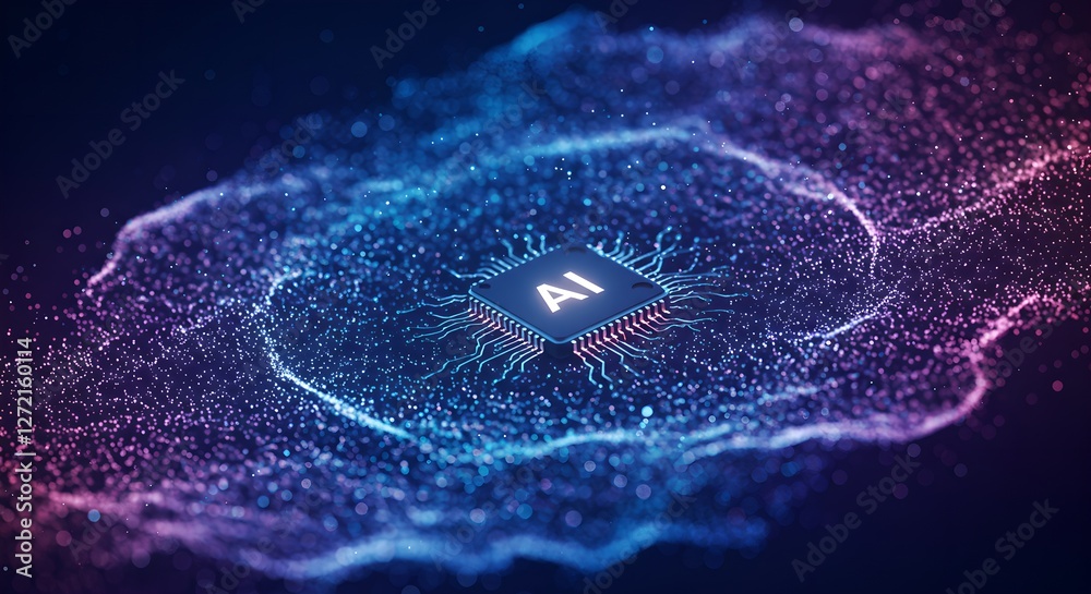 Poster ai chip concept in digital network. artificial intelligence processor surrounded by glowing data par