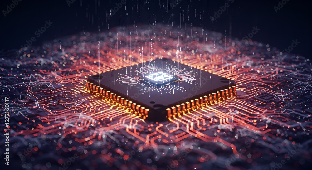 Poster Futuristic microchip on glowing circuit board. Digital technology concept. Artificial intelligence and machine learning visualization. Quantum computing.