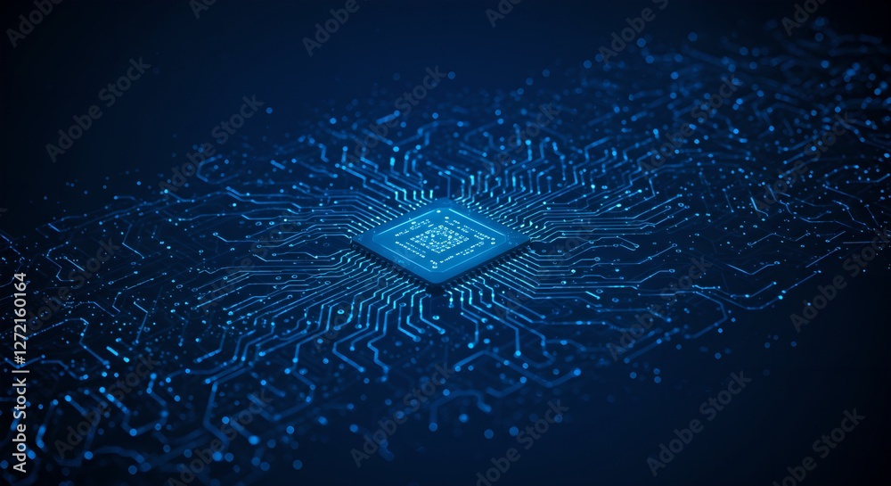 Poster Artificial intelligence chip on blue circuit board background. Futuristic AI processor concept. Digital technology, machine learning, and data processing visualization.