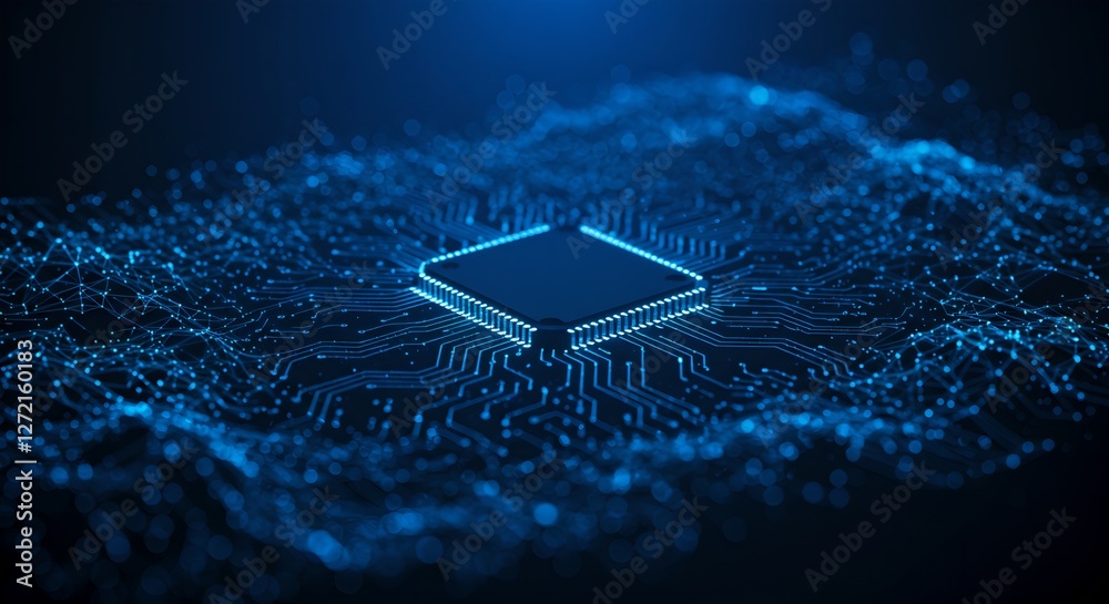 Poster Digital microchip on blue abstract background. Futuristic technology concept. Data processing, artificial intelligence, and machine learning visualization.
