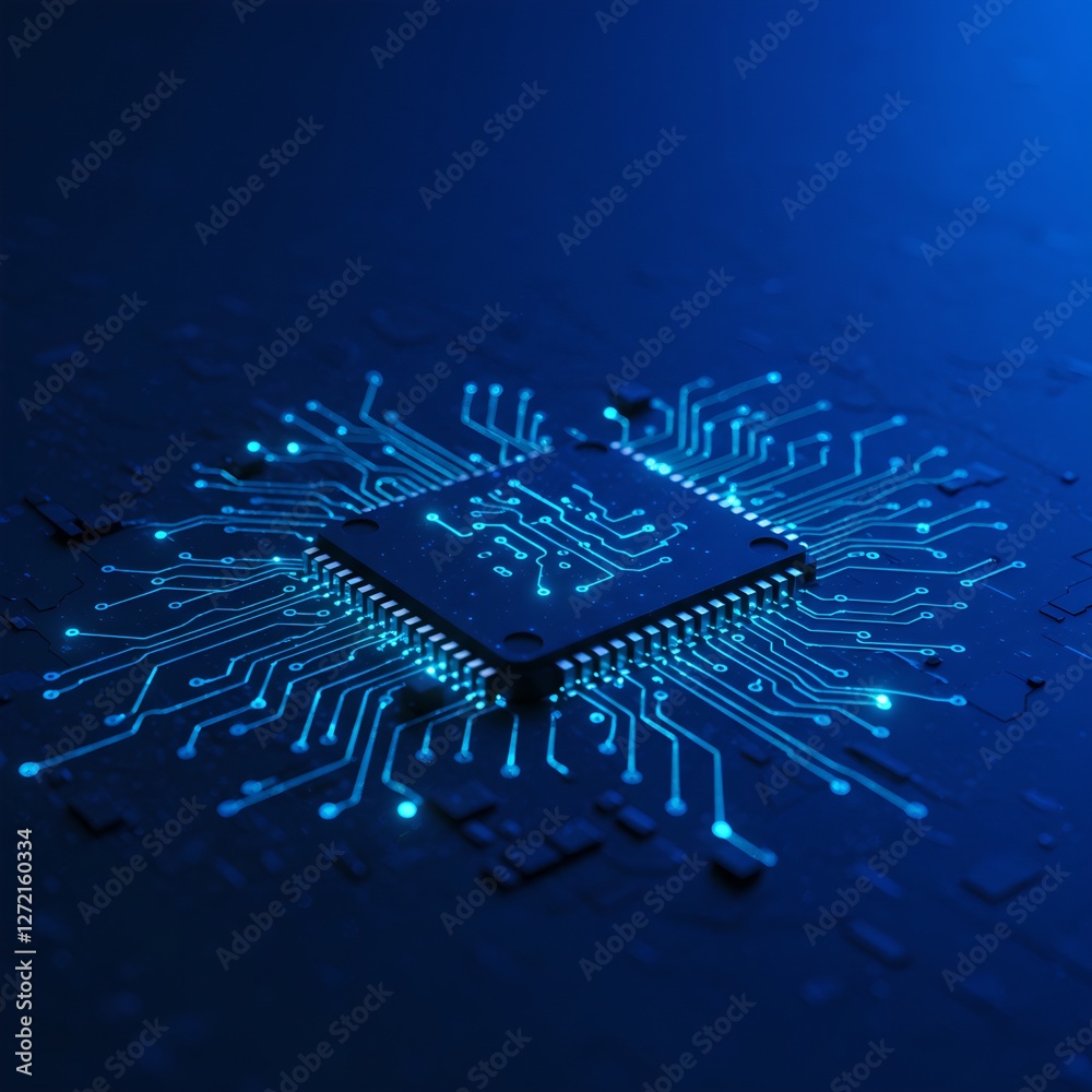 Poster digital microchip with circuit board connections on blue background. artificial intelligence and dat