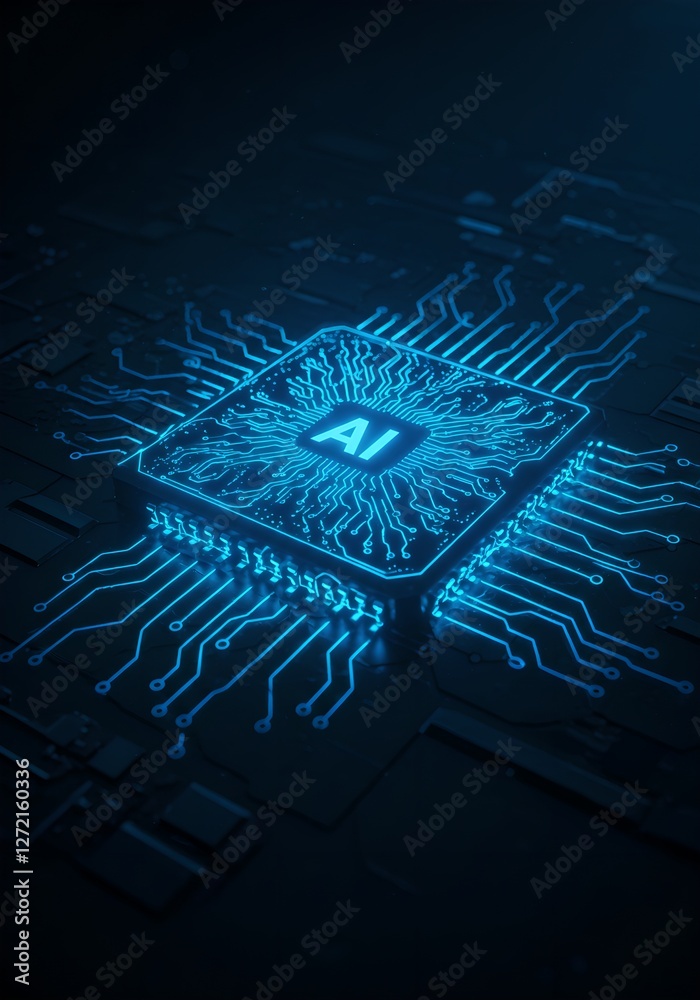 Poster ai chip glowing blue on circuit board. artificial intelligence processor concept. digital technology