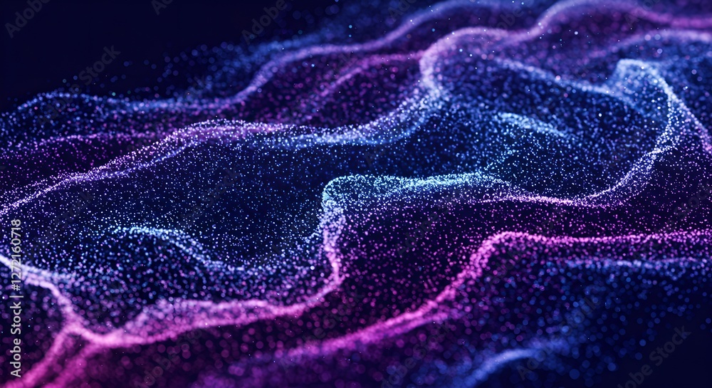 Poster Digital wave data visualization. Abstract blue and purple particle network. Futuristic technology concept. Artificial intelligence and machine learning background.