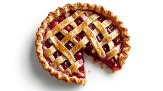 Freshly baked cherry pie with lattice crust and slice missing