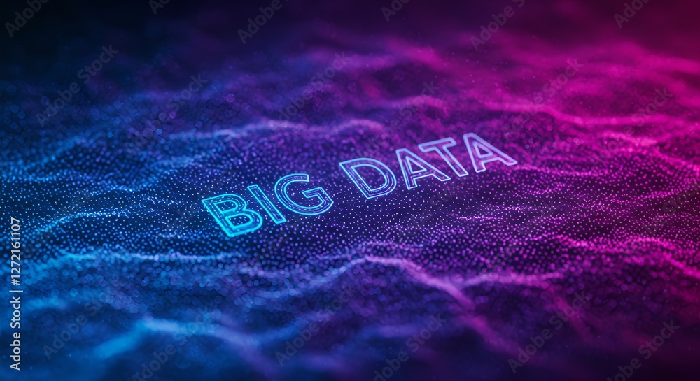 Poster Big data visualization concept. Digital information technology background with glowing text on abstract landscape. Data analytics and machine learning illustration.