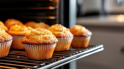 Freshly baked golden muffins in oven