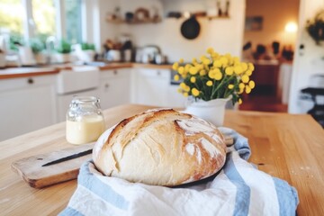 Fresh homemade bread on wooden table in rustic kitchen ambiance
