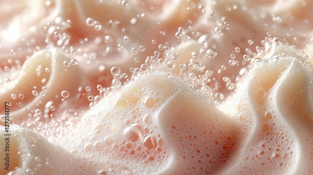 Poster Soft waves of soap foam form intricate patterns, with tiny bubbles shimmering in the light, embodying a playful yet tranquil atmosphere in a creative space