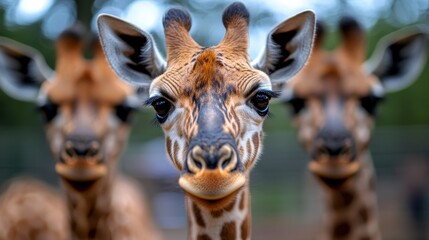 Naklejka premium Three captivating giraffes are positioned closely, showcasing their unique features and warm expressions against a serene, green backdrop that embodies tranquility and grace.