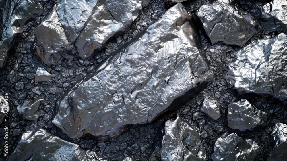 Poster Various metallic rocks with shiny surfaces and rough textures scattered across dark mineral soil, illuminated by ambient natural light, highlighting their unique geological formations.