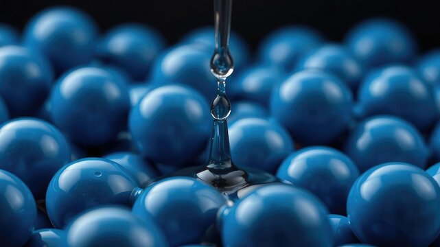 Dropper with liquid dripping onto blue spheres, transparent liquids, sphere landscape