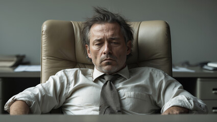 Fototapeta premium Office worker showing signs of exhaustion during an intense workday in a modern corporate setting