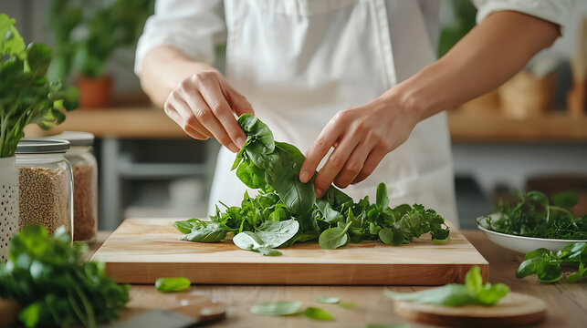 Sme owner demonstrating plant-based wrapping technique in a cozy kitchen environment with fresh greens and herbs captivating culinary content