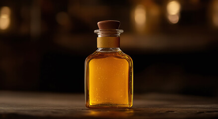 Golden liquid in a square glass bottle with wooden cork on a dark wooden surface with bokeh lights in the background, for culinary or wellness use.