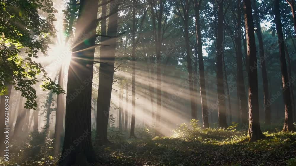 Aufkleber Sunlight streaming through lush forest trees creating tranquil atmosphere