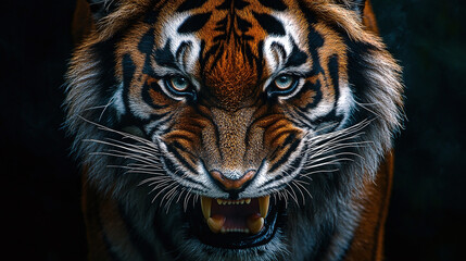 Fototapeta premium Fierce Tiger Portrait: Intense gaze of a majestic wild cat displaying aggression, revealing sharp teeth in a powerful, close-up shot.
